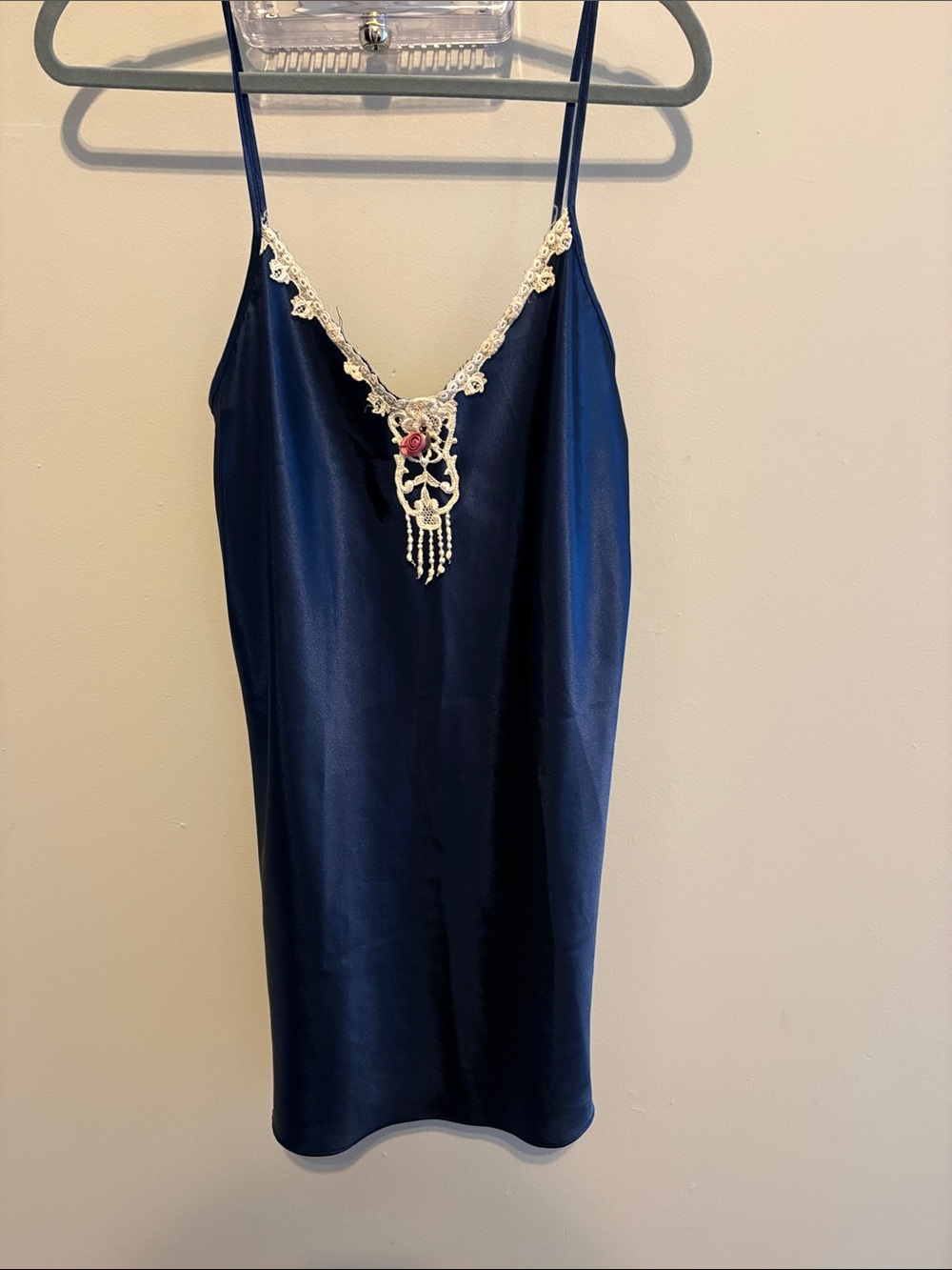 Vintage Victoria’s Secret Size Medium Navy Satin Slip Dress w Lace & Rose Accent